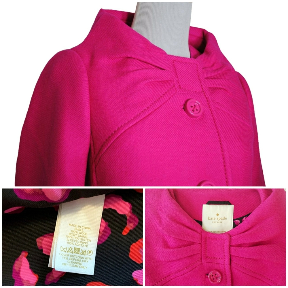 Kate Spade Etta Bow Snapdragon Pink Wool Coat 4 - Picture 6 of 9